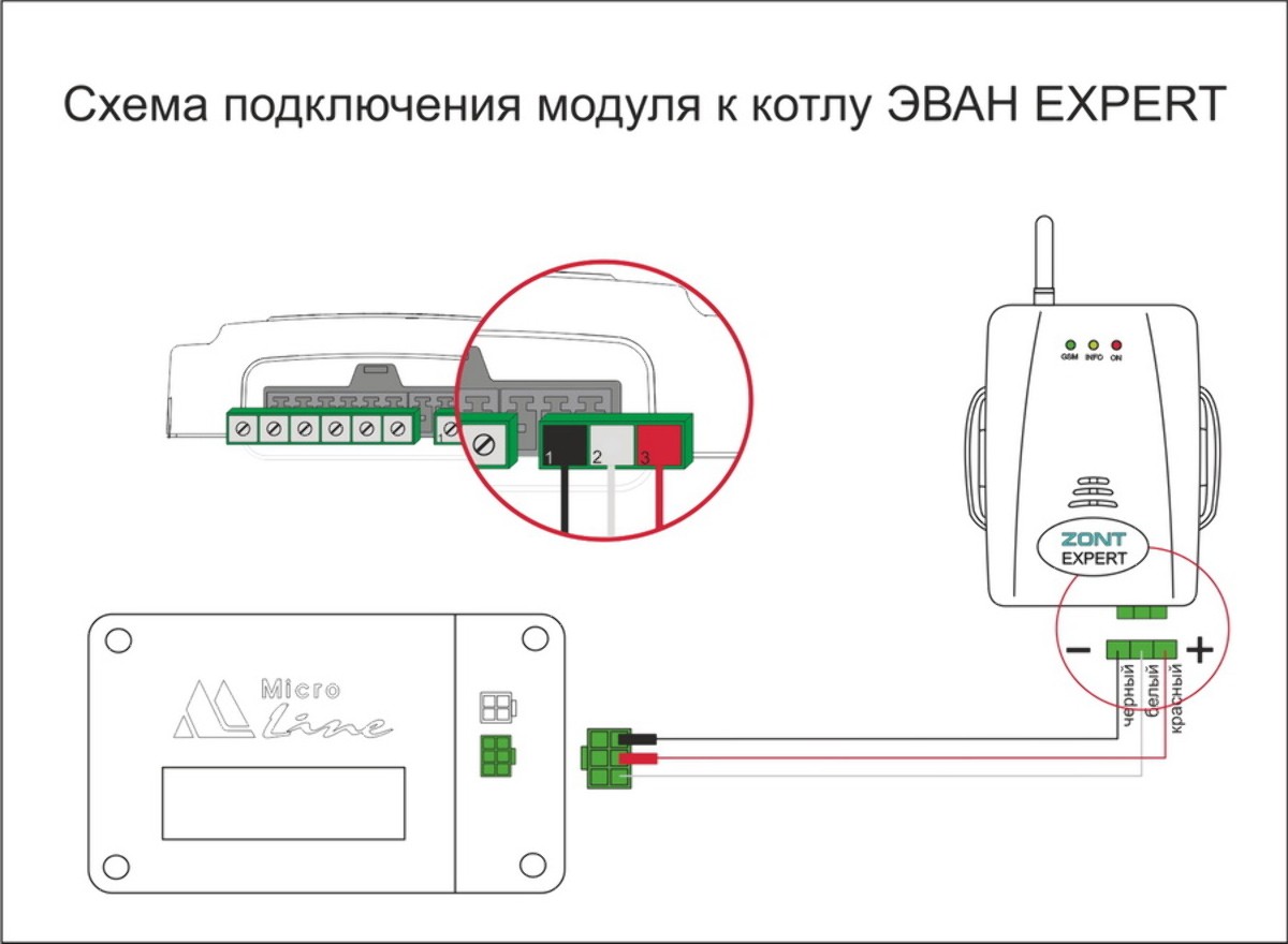 Схема подключения модуля к котлу ЭВАН EXPERT